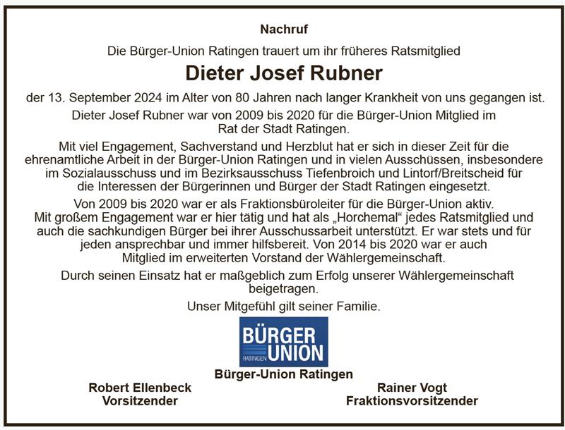 Die Bürger-Union Ratingen trauert um Dieter Josef Rubner