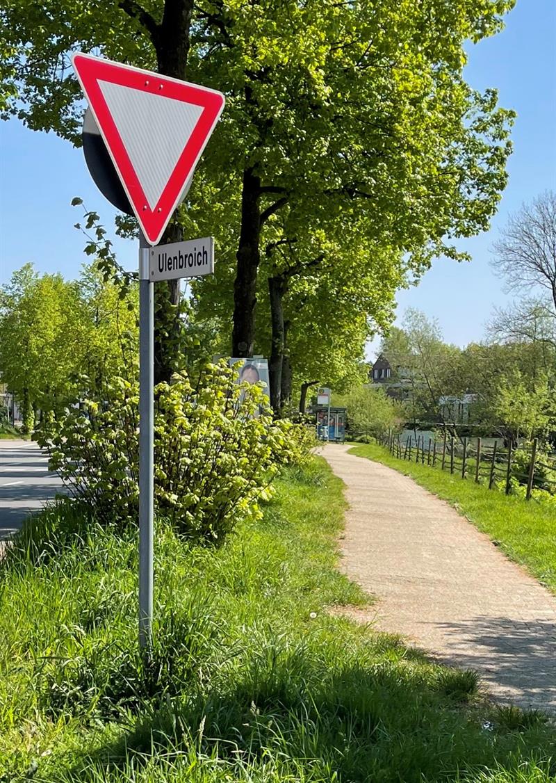 Gewölbte Pflasterung am Gehweg Krummenweger Straße