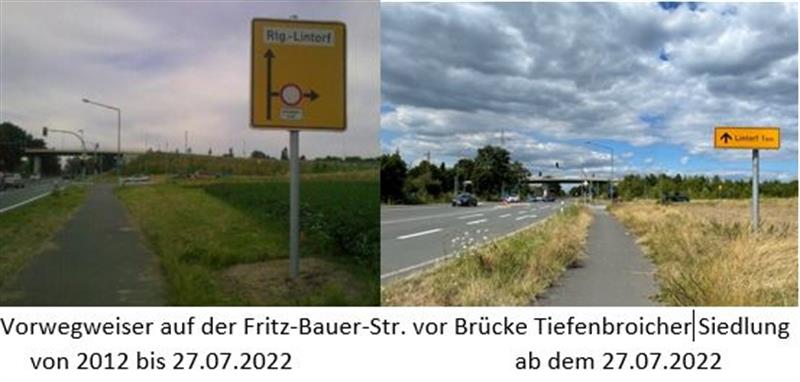  Vorwegweiser zur „Tiefenbroicher Siedlung“ gegen Hinweisschild getauscht